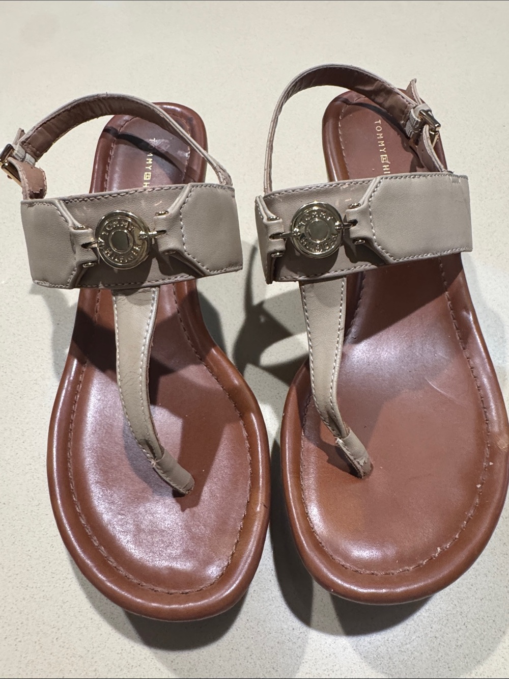 Tommy Hilfiger Taupe Leather T-Strap Sandals